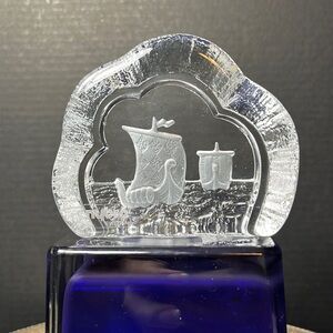 Nybro Sweden Crystal Glass Viking Ships Paperweight Original Sticker